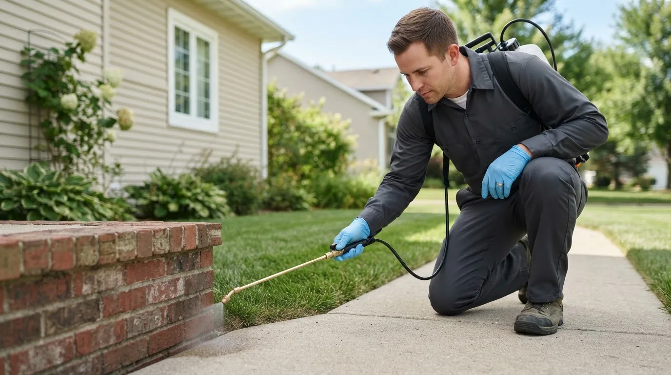Pest control technician treating a home near Excelsior, MN
